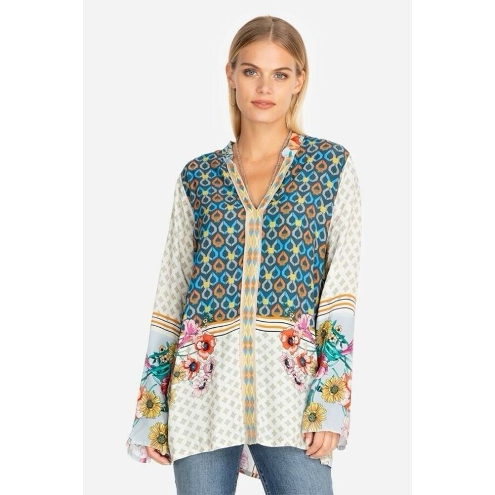Johnny Was Becca V-Neck Embroidered Blouse Tunic Floral Print Top large colorful
